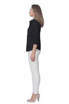 3767  Dodona Dantelli İşlemeli Tasarım Yazlık Siyah Uzun Kollu  Gömlek (M0620Y3767)